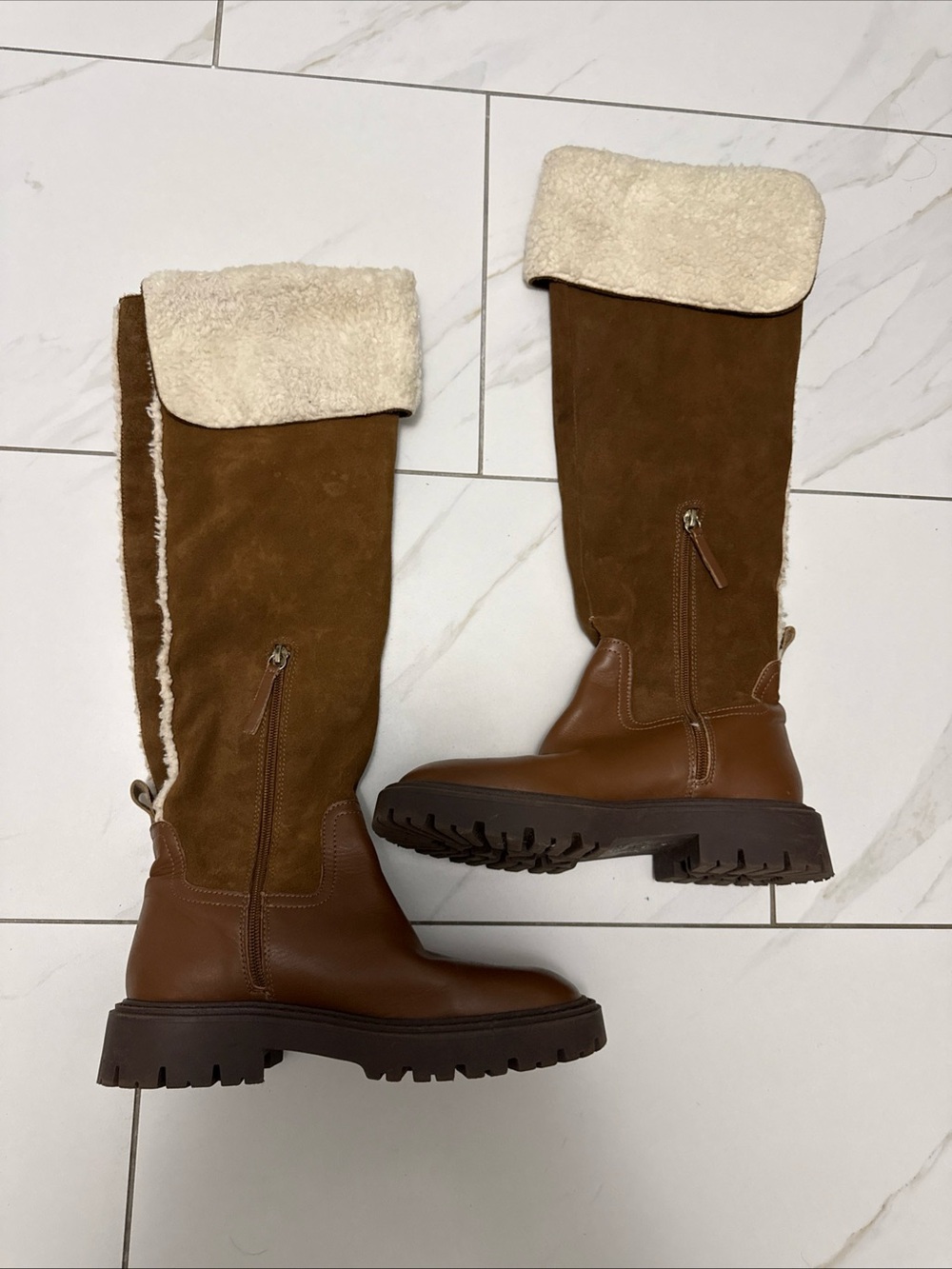 Zara Brown Suede Faux Shearling / Fur Lined Boots - Size EU 37 (US 6.5)